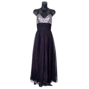 Adrianna Papell Black Sleeveless Mesh Gown Fitted Silver Sequin Bodice Size 6